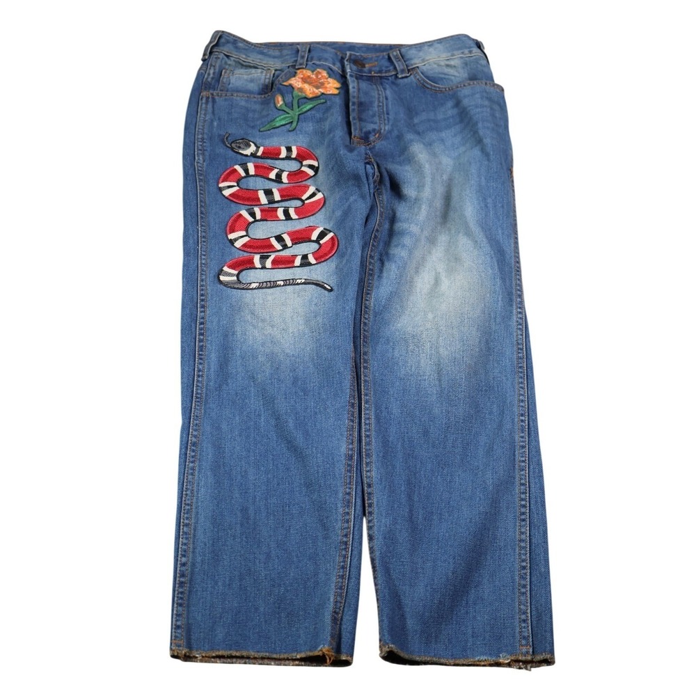 Gucci Jeans Mens 31x26 Blue Medium Wash Straight Embroidered Snake Flower